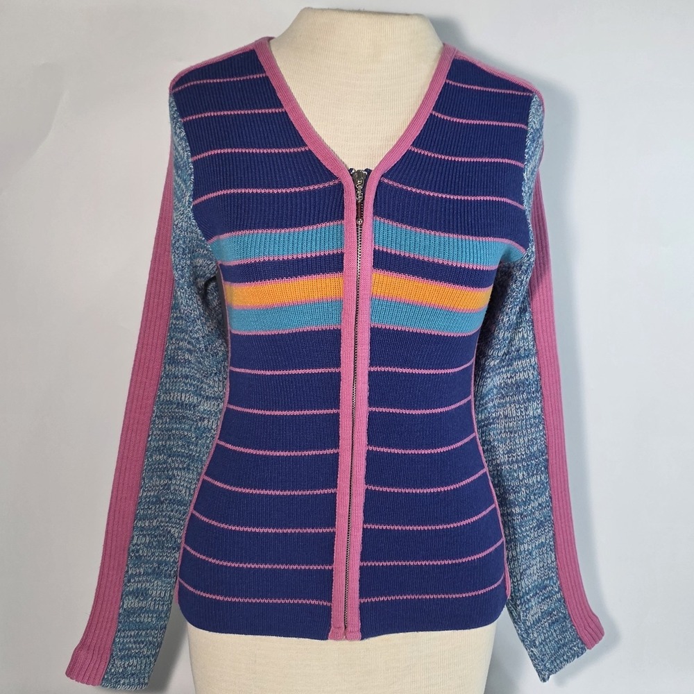 Vintage Y2K Women's M Striped Zippered Sweater Navy/Pink Preppy Retro Ski Style